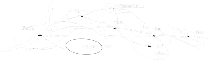 Carte stylisée noir et blanc des villes et routes du Sud-Ouest de la France : Biarritz, Dax, Orthez, Pau, Tarbes, Oloron, Mont de Marsan, Pays basque intérieur